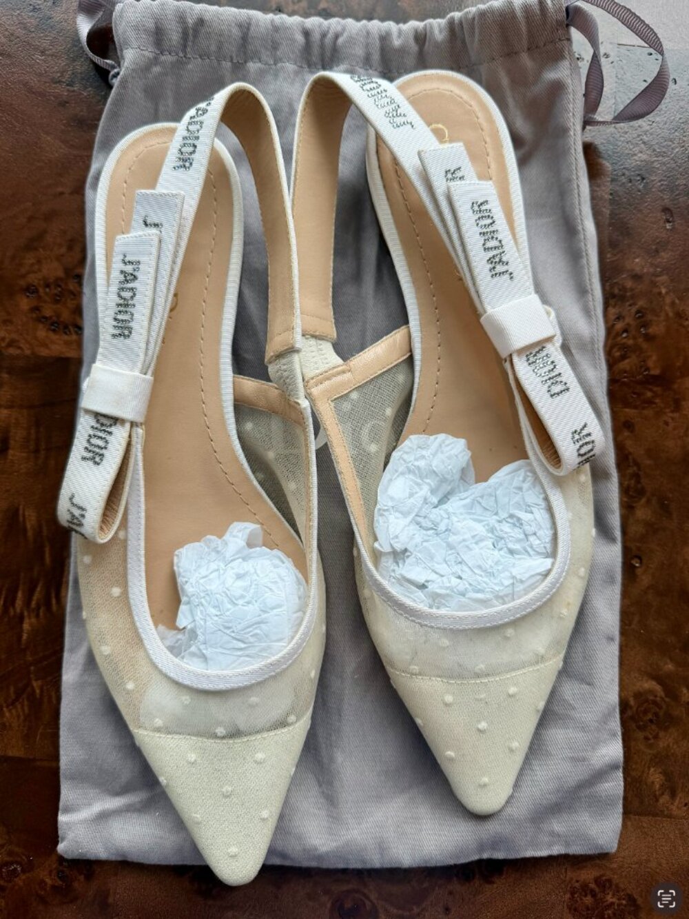 CHRISTIAN DIOR White Polka Dot Fabric J'Adior Slingback Flats